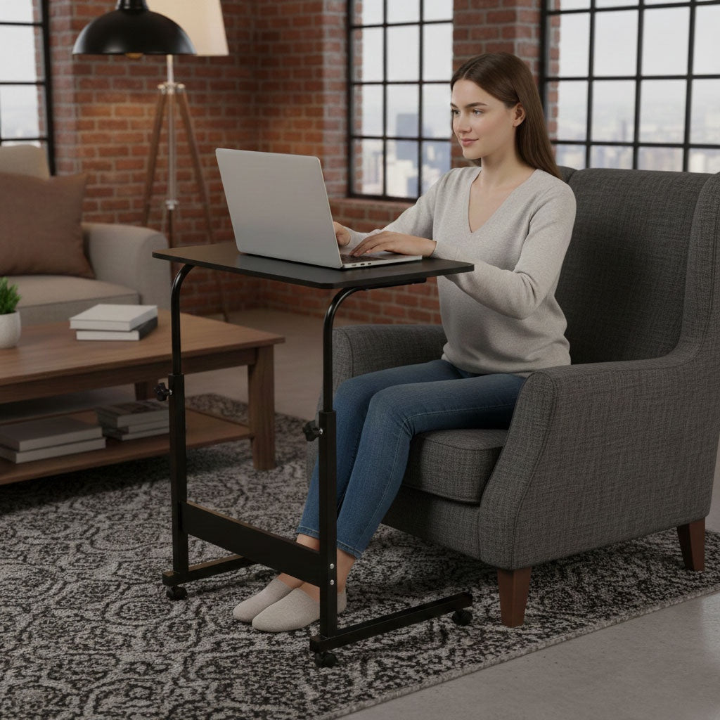 Adjustable Mobile Laptop Desk with Wheels, MDF Top, Black