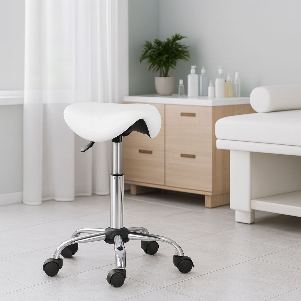 Adjustable Swivel Saddle Stool, White – Cosmetic & Medical Use