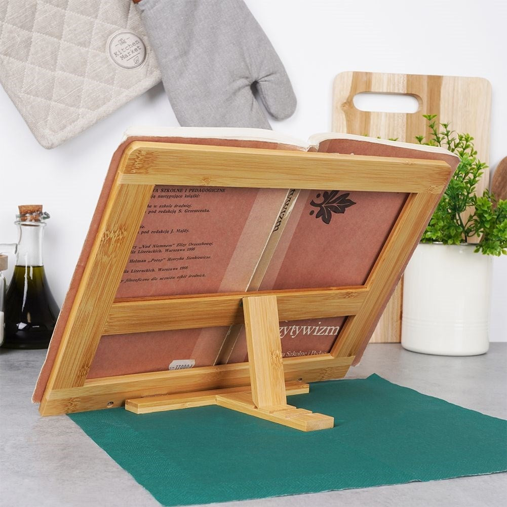Adjustable bamboo cookbook stand - also for tablets