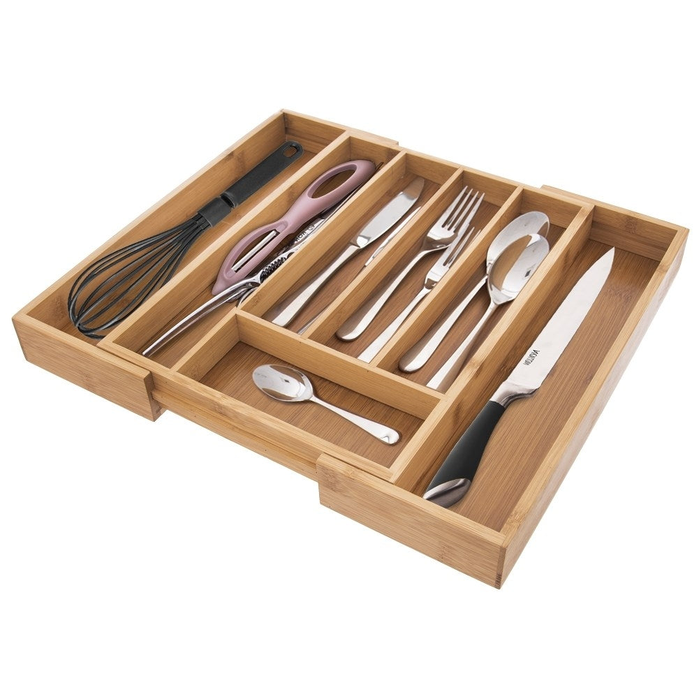 Adjustable bamboo organizer for cutlery and kitchen utensils