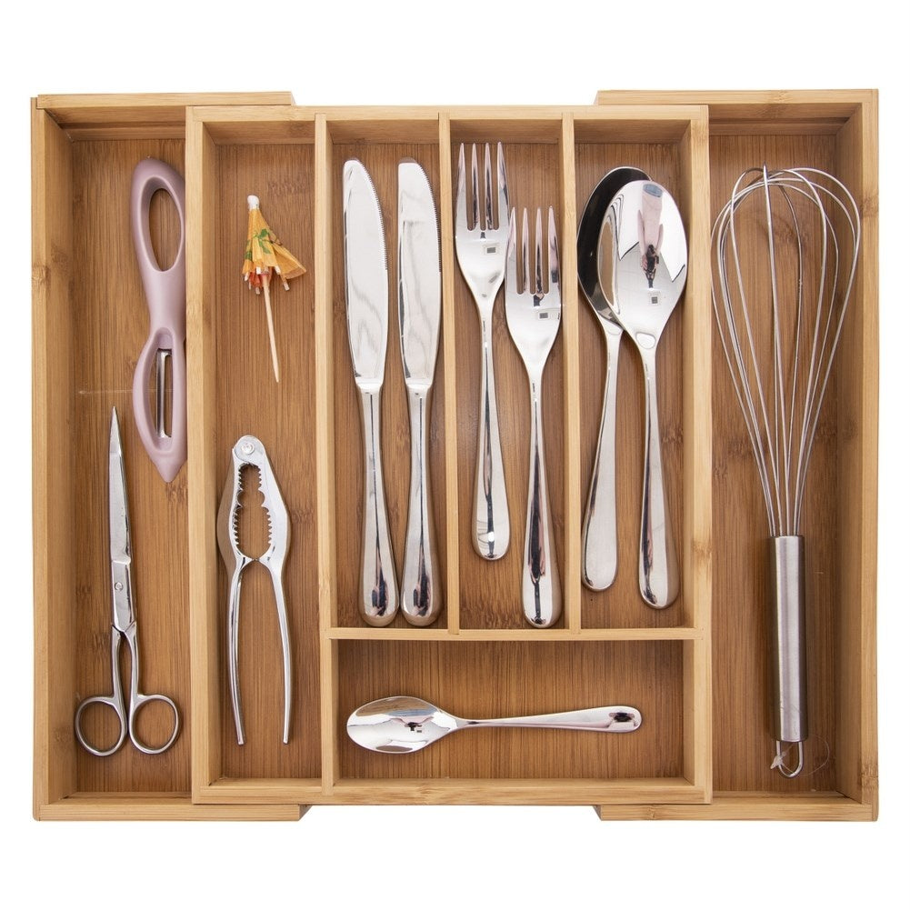 Adjustable bamboo organizer for cutlery and kitchen utensils