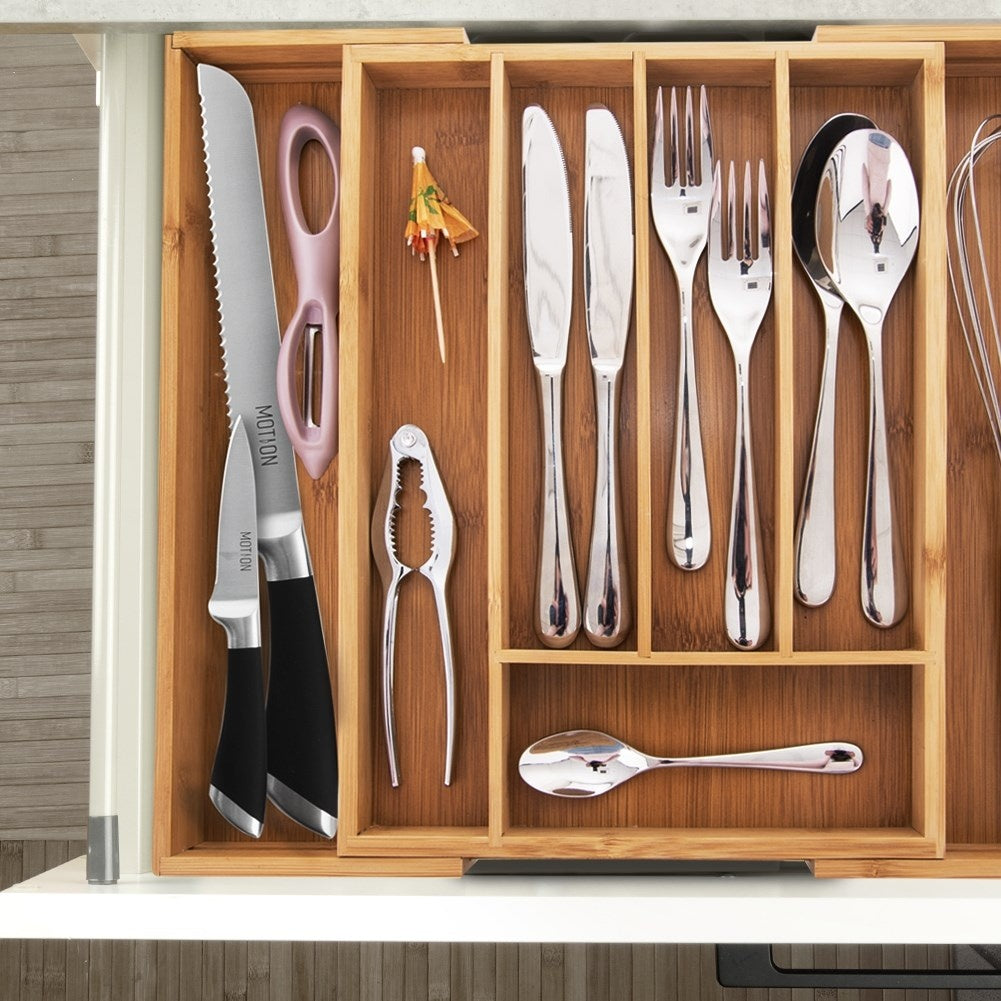 Adjustable bamboo organizer for cutlery and kitchen utensils