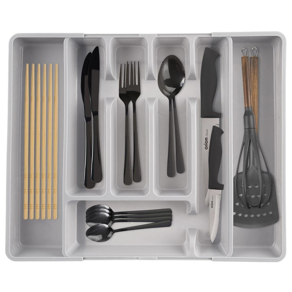 Adjustable cutlery and utensil organizer for kitchen drawer