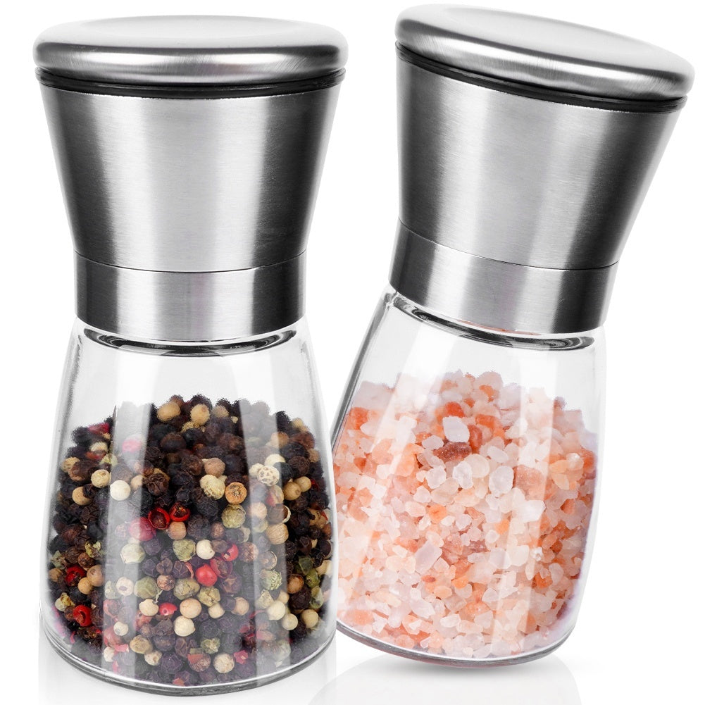 Adjustable hand grinders for pepper and salt, set of two