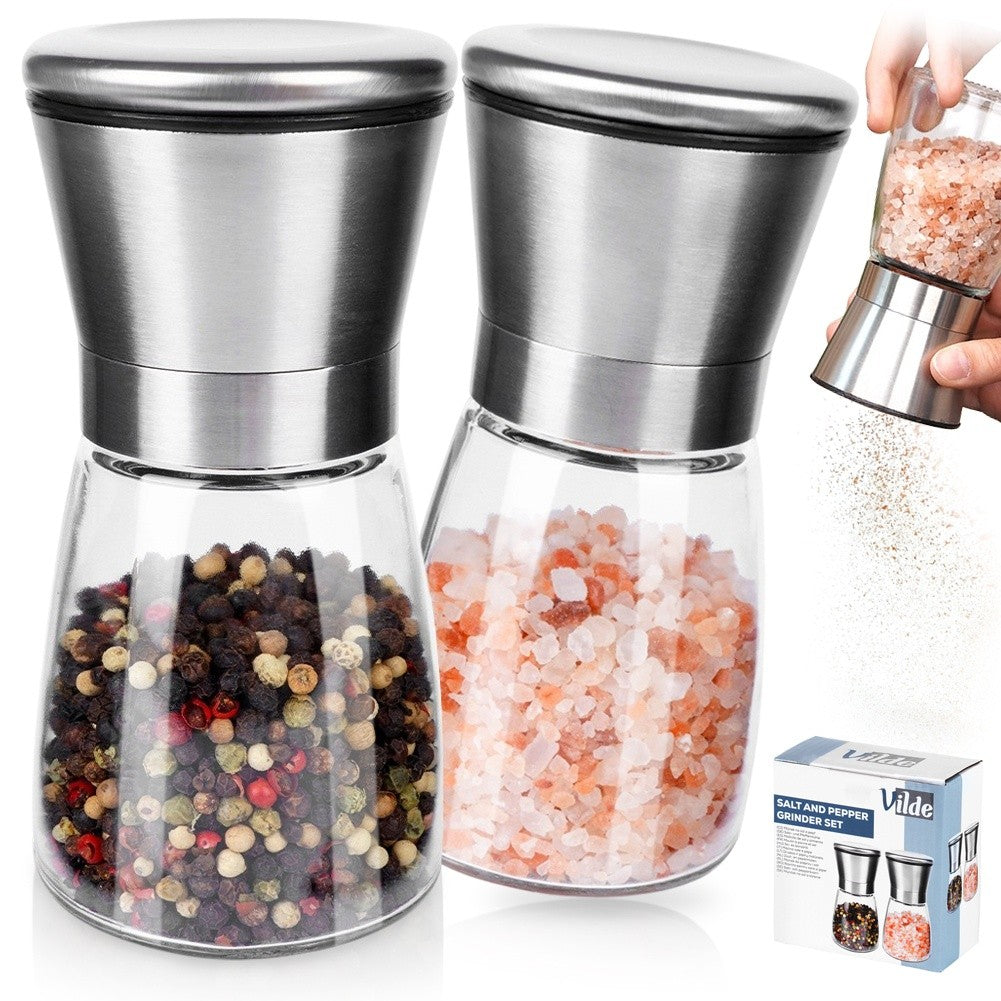 Adjustable hand grinders for pepper and salt, set of two