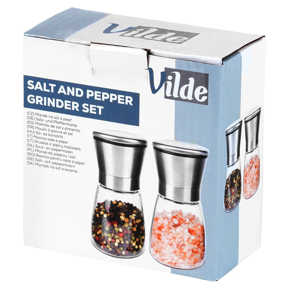 Adjustable hand grinders for pepper and salt, set of two