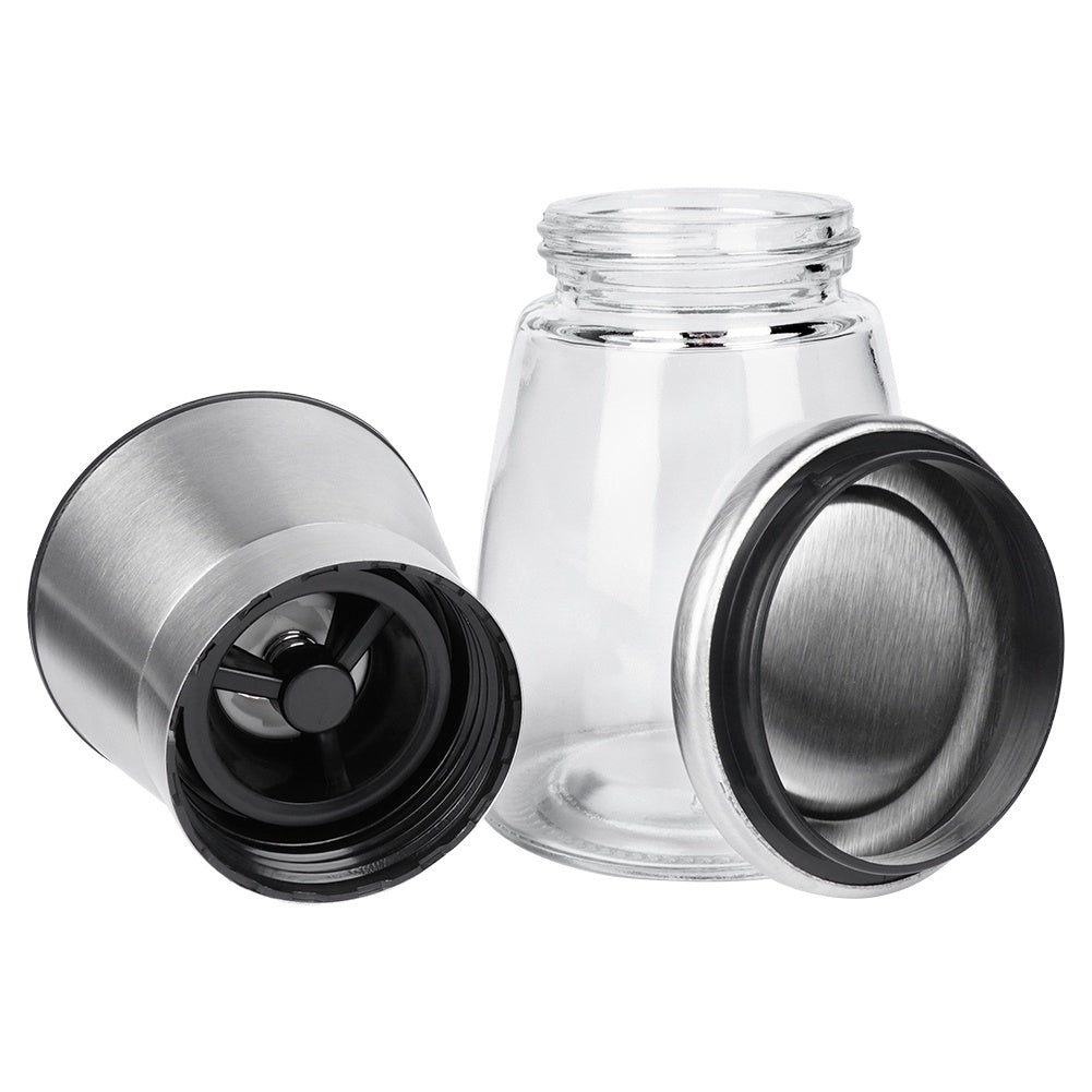 Adjustable hand grinders for pepper and salt, set of two