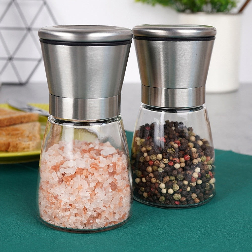 Adjustable hand grinders for pepper and salt, set of two