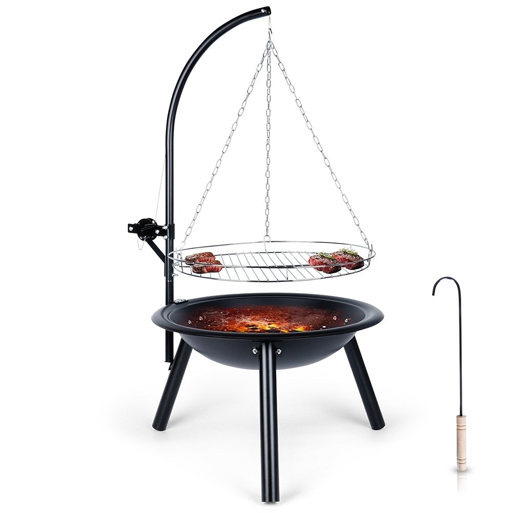 Adjustable metal fireplace with hanging grill grate for the garden