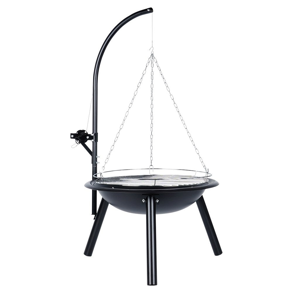 Adjustable metal fireplace with hanging grill grate for the garden
