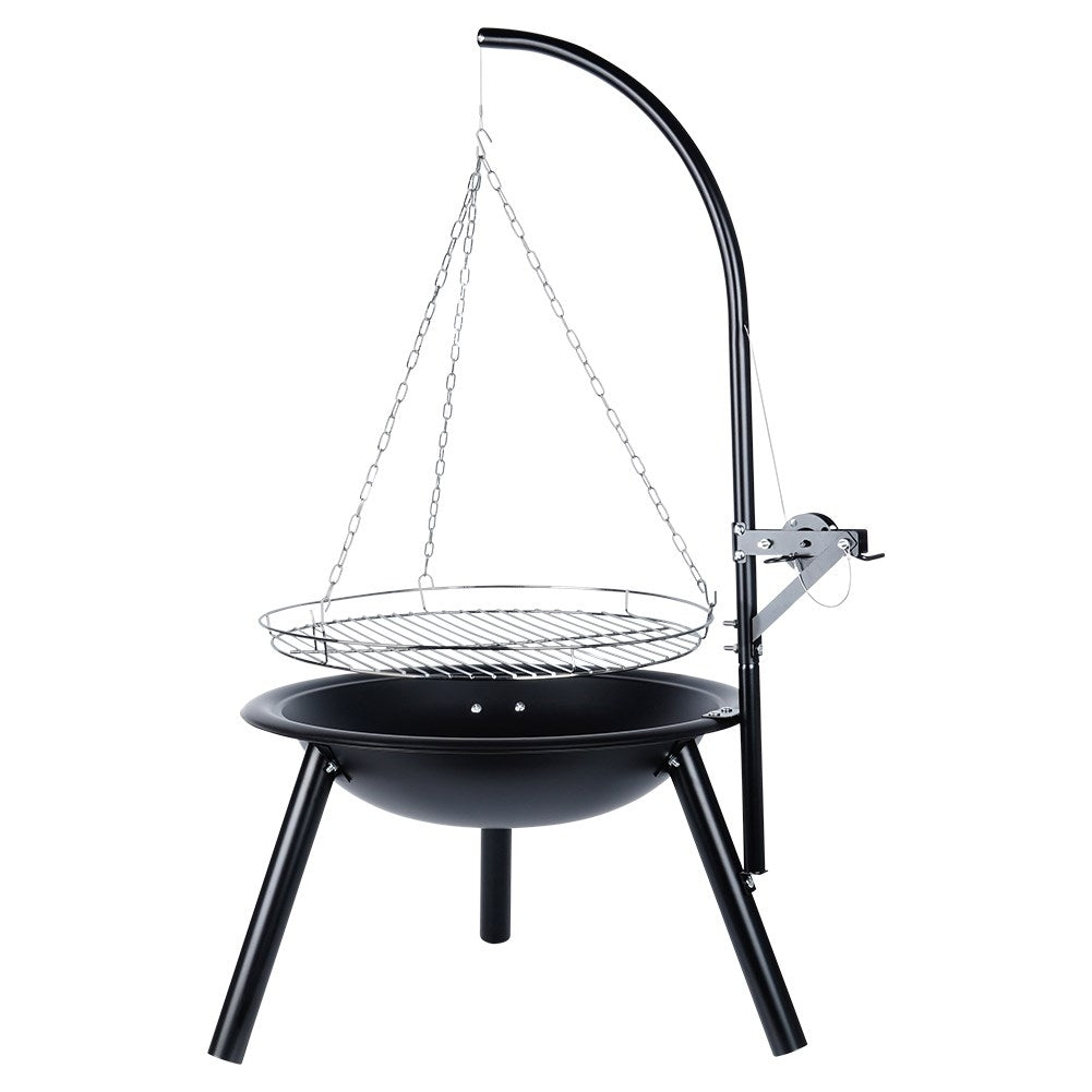 Adjustable metal fireplace with hanging grill grate for the garden
