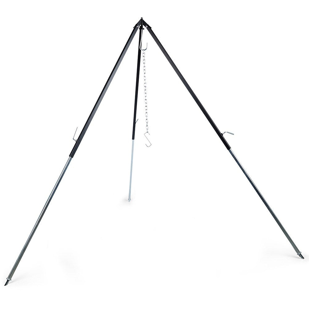 Adjustable stand with hook for kettle and grill over fire