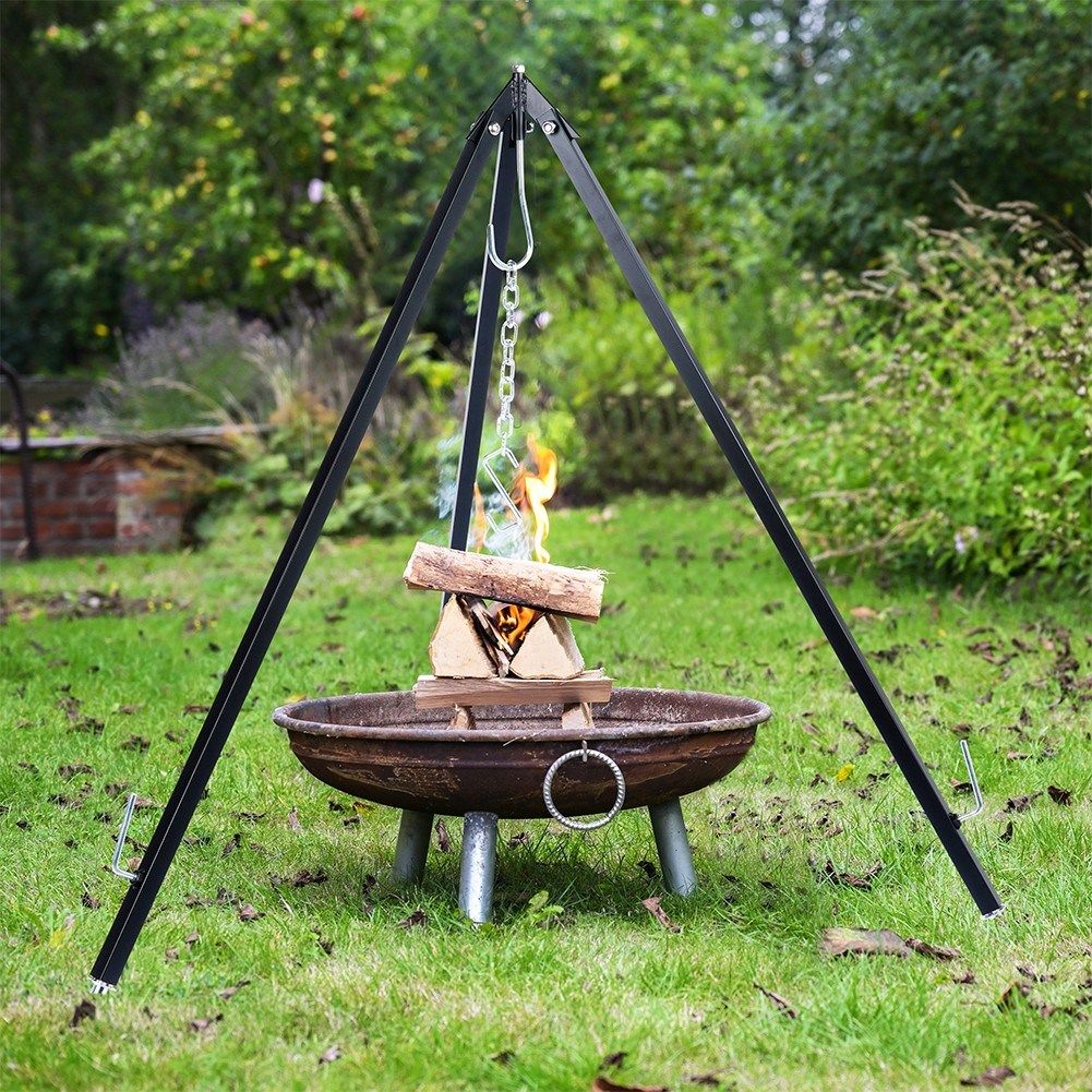 Adjustable stand with hook for kettle and grill over fire