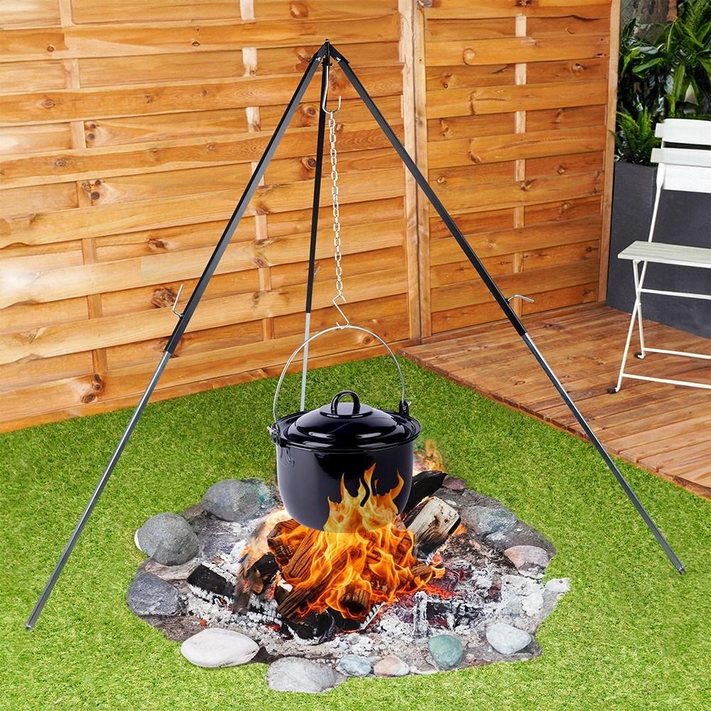 Adjustable stand with hook for kettle and grill over fire