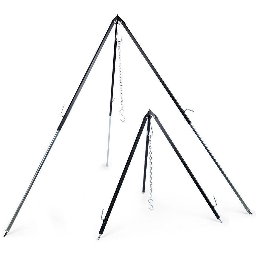 Adjustable stand with hook for kettle and grill over fire