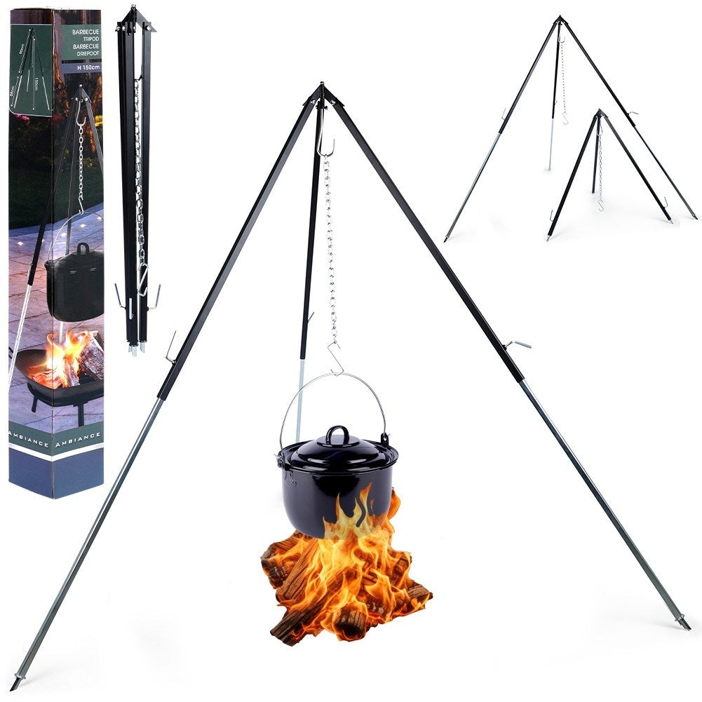 Adjustable stand with hook for kettle and grill over fire