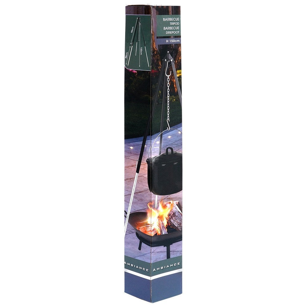 Adjustable stand with hook for kettle and grill over fire