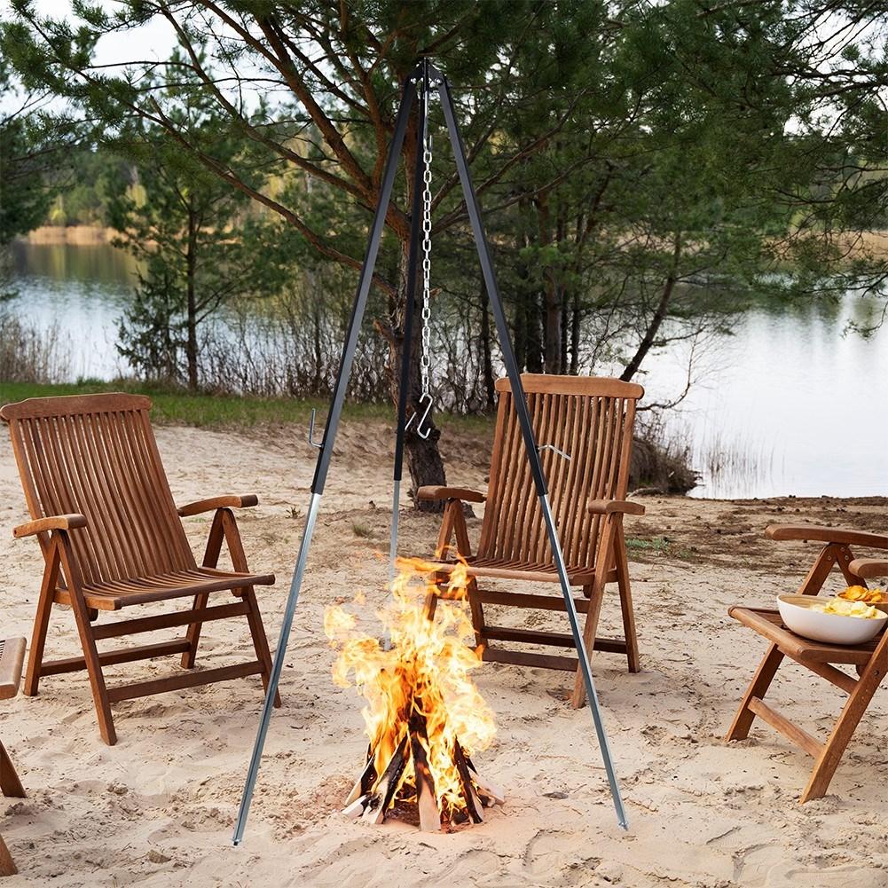 Adjustable stand with hook for kettle and grill over fire