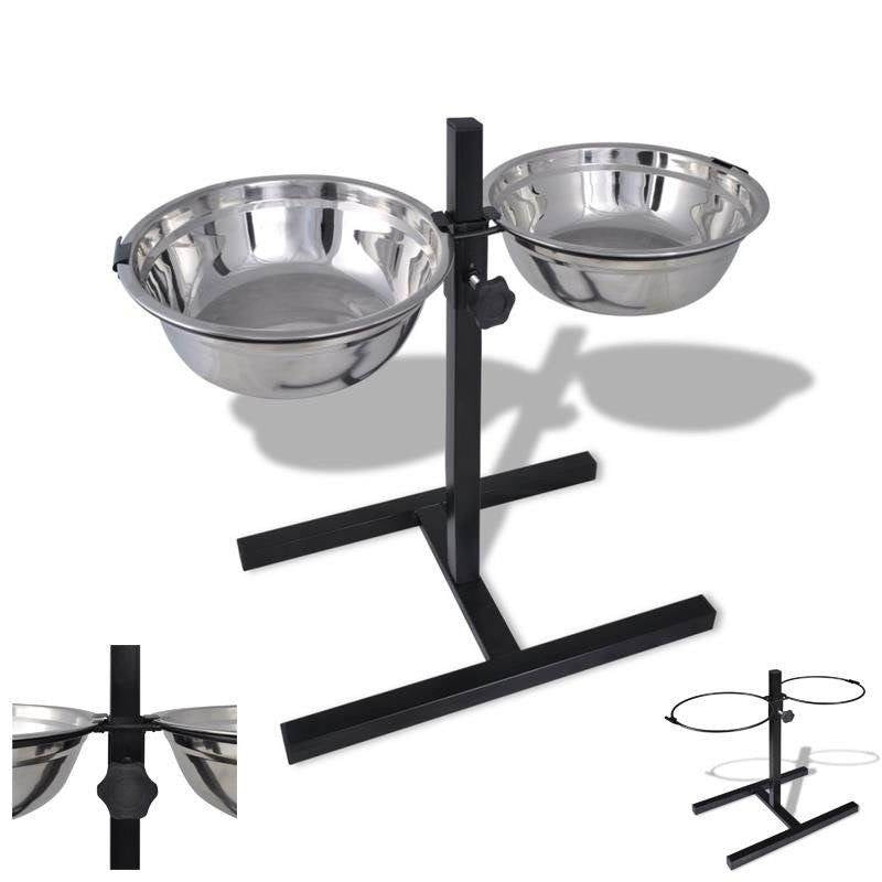 Adjustable stand with two stainless steel dog bowls, 1.8L