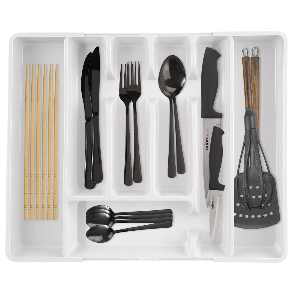 Adjustable white plastic cutlery organizer with 5-7 compartments