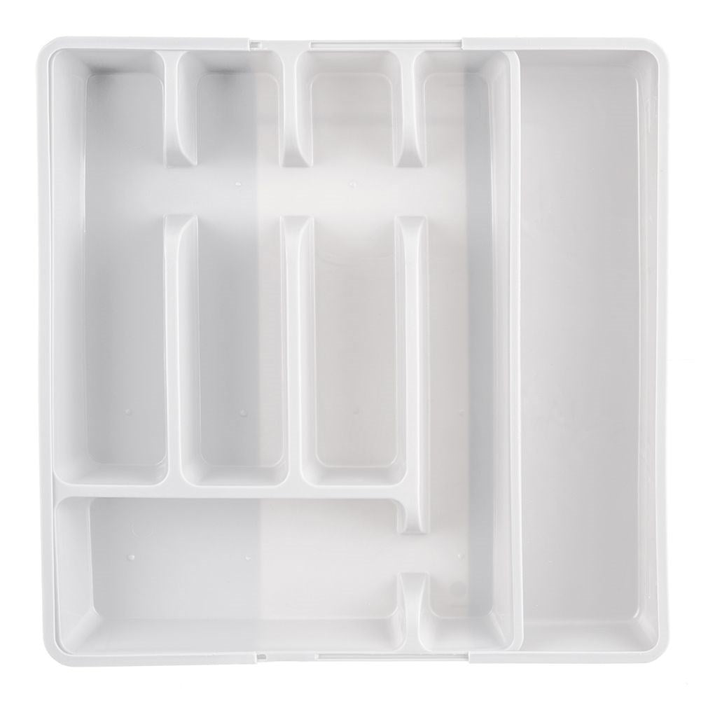 Adjustable white plastic cutlery organizer with 5-7 compartments