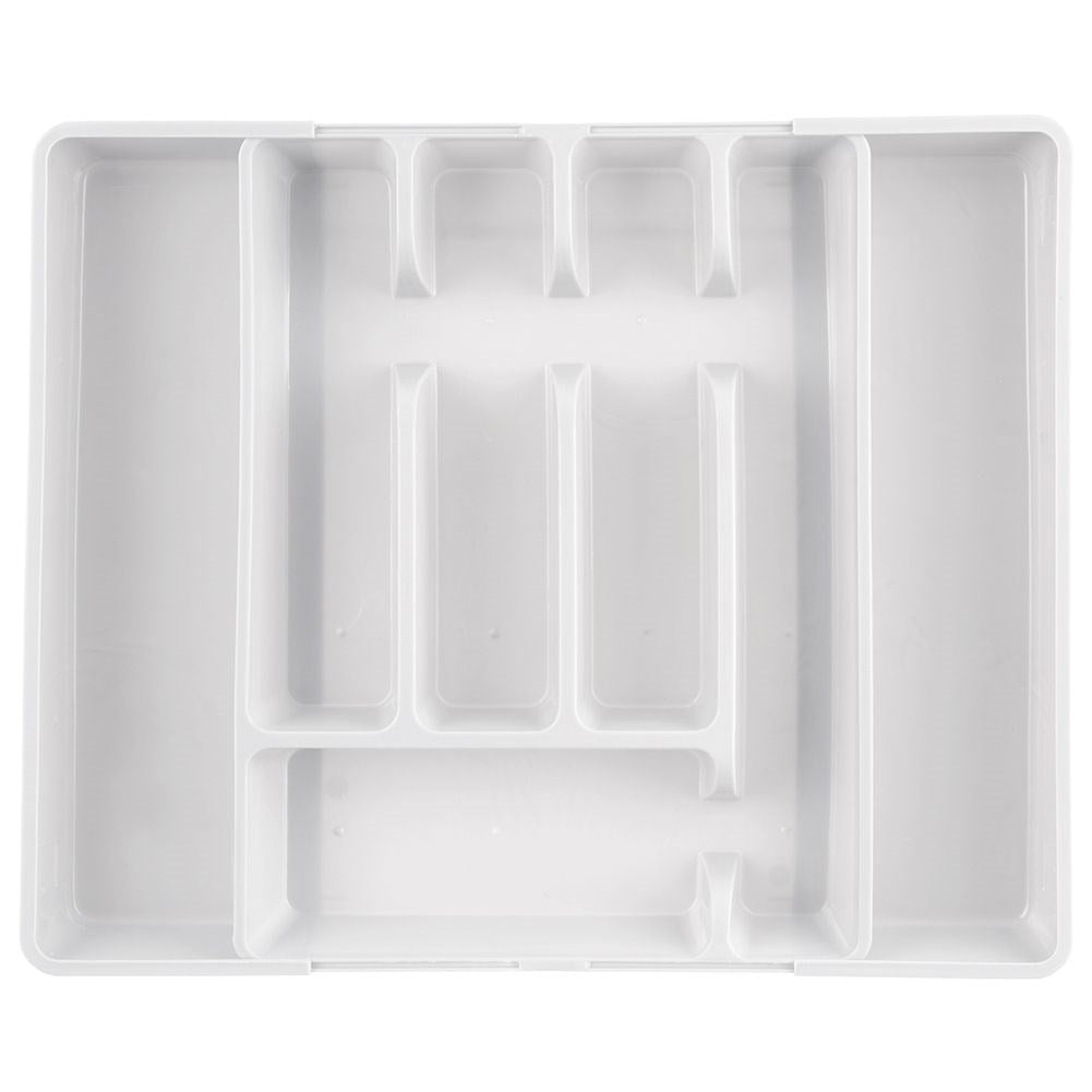 Adjustable white plastic cutlery organizer with 5-7 compartments