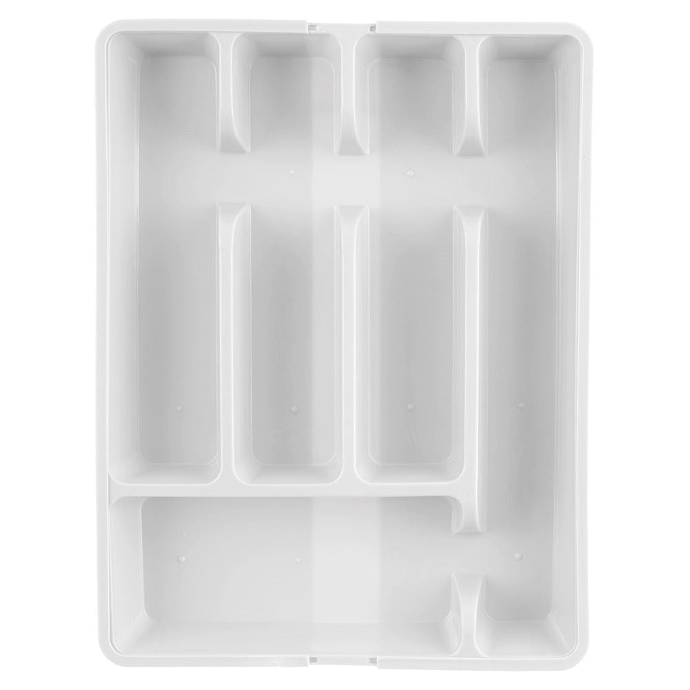 Adjustable white plastic cutlery organizer with 5-7 compartments
