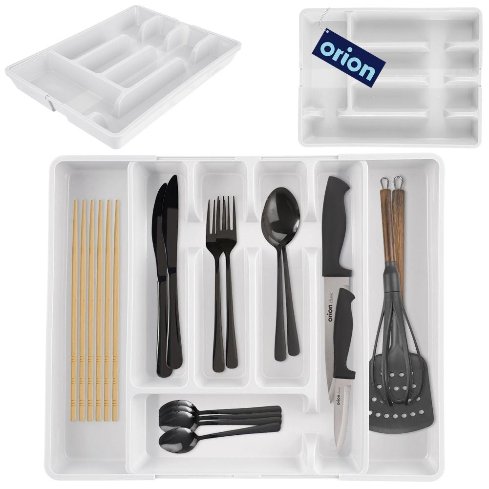 Adjustable white plastic cutlery organizer with 5-7 compartments