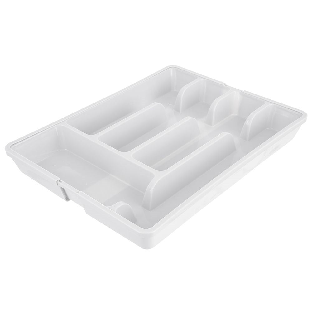 Adjustable white plastic cutlery organizer with 5-7 compartments