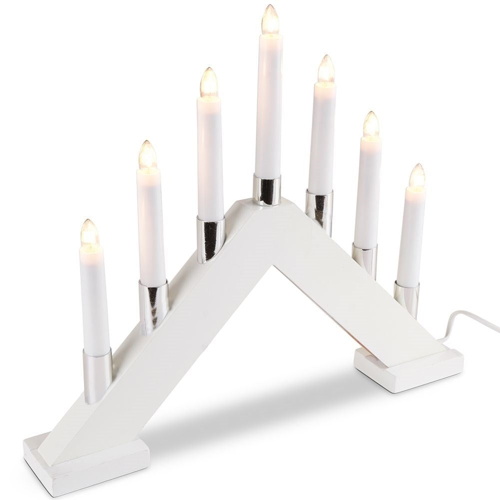 Advent candle holder with seven LED lights and white wooden base