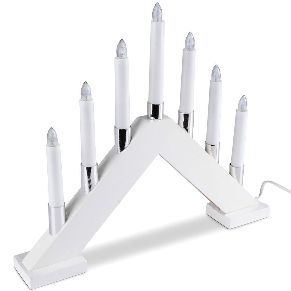 Advent candle holder with seven LED lights and white wooden base