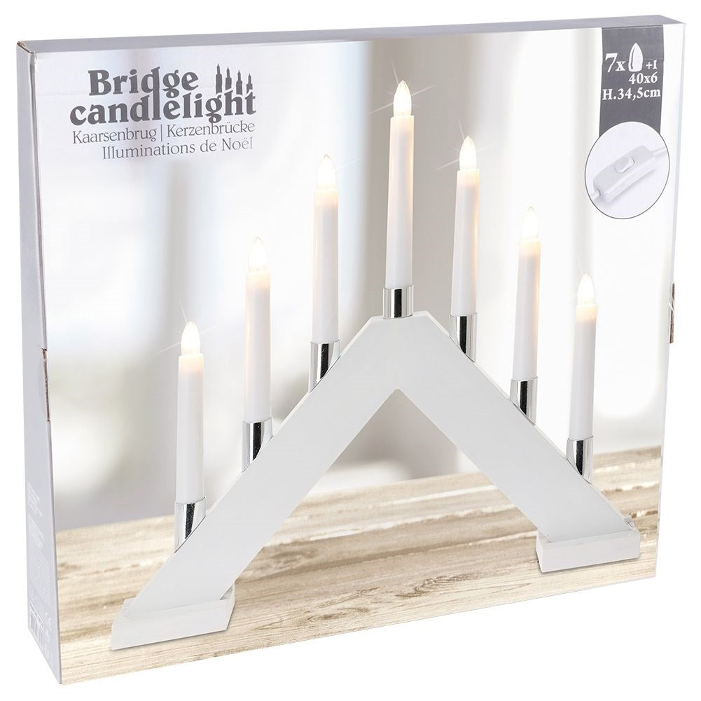 Advent candle holder with seven LED lights and white wooden base