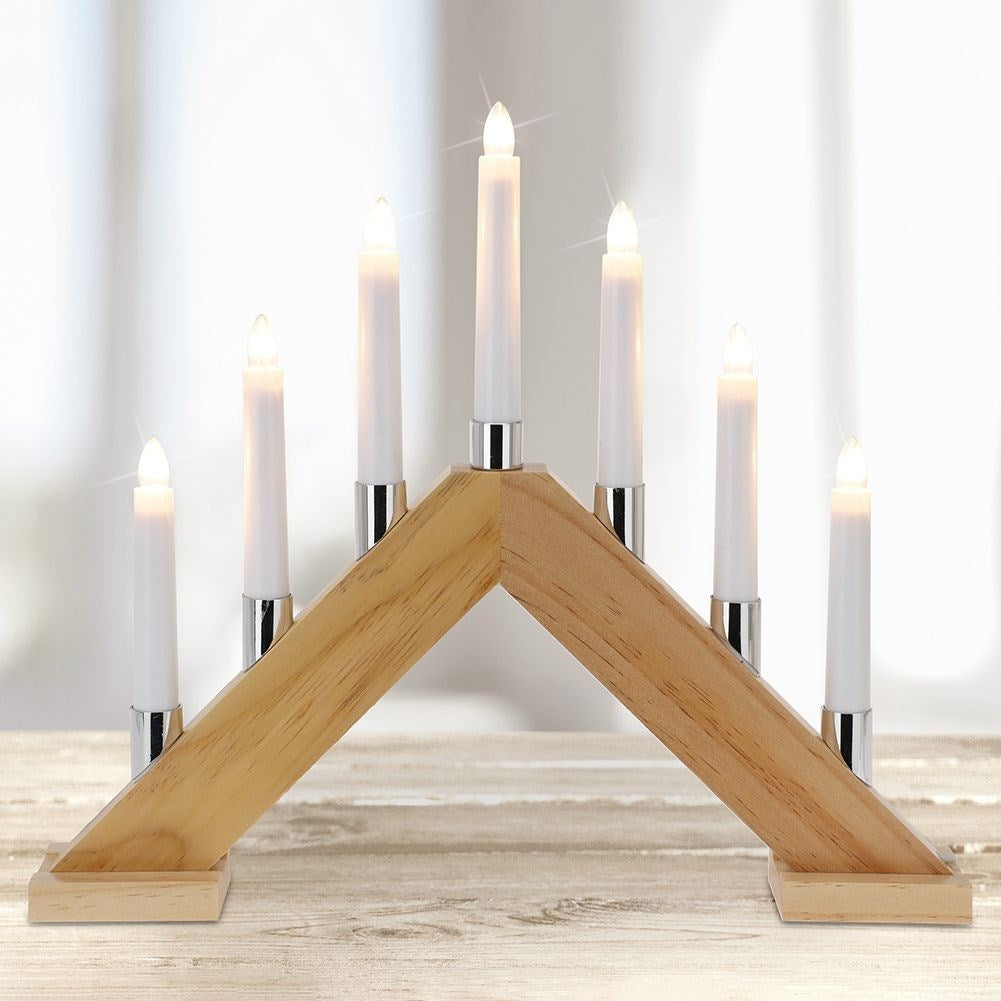 Advent candlestick with 7 LED lights on wooden base, 1.5m cable