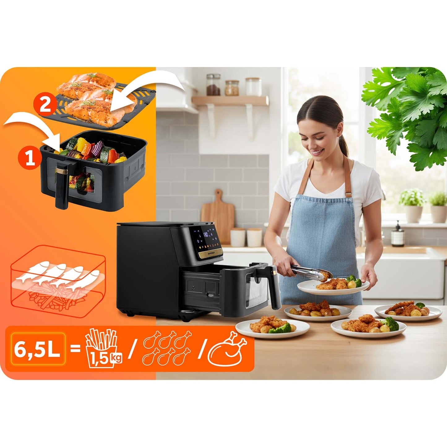 Air Fryer, 6.5L, 1700W, Touchscreen, Black