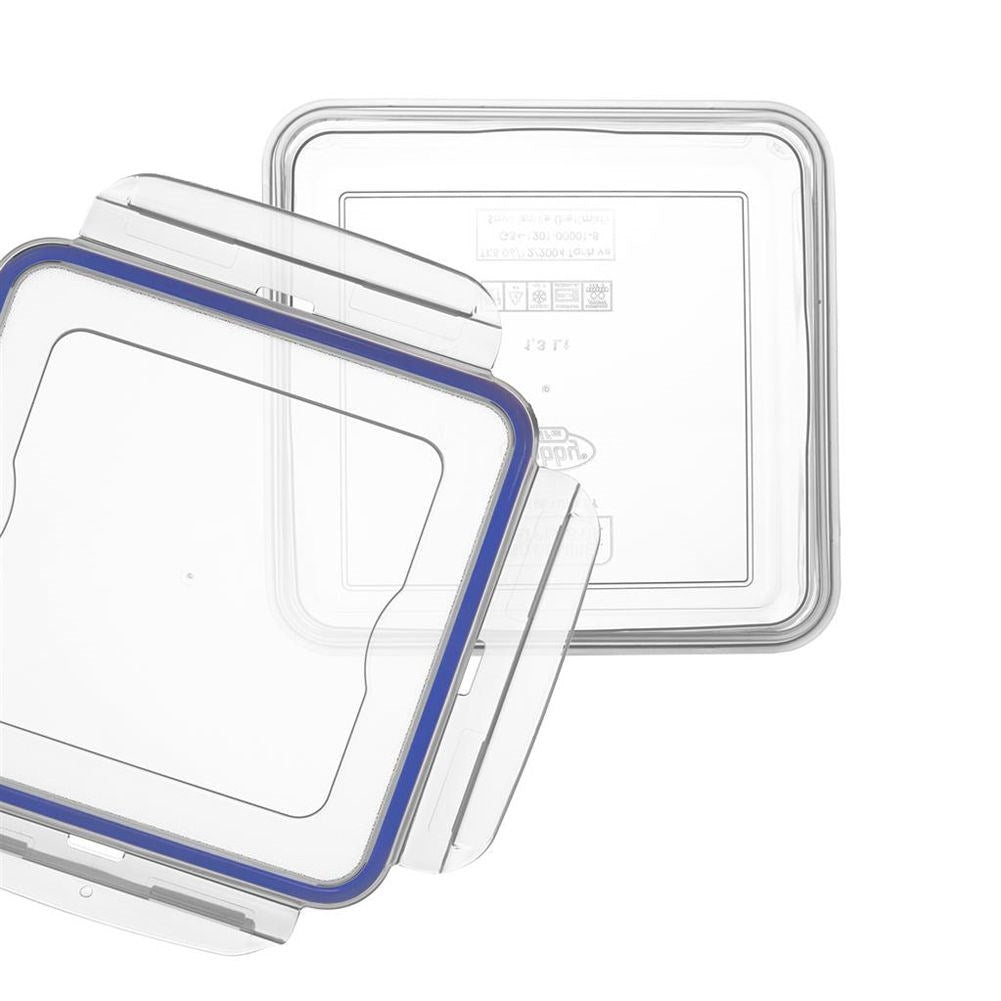 Airtight plastic container with rubber seal and stackable design