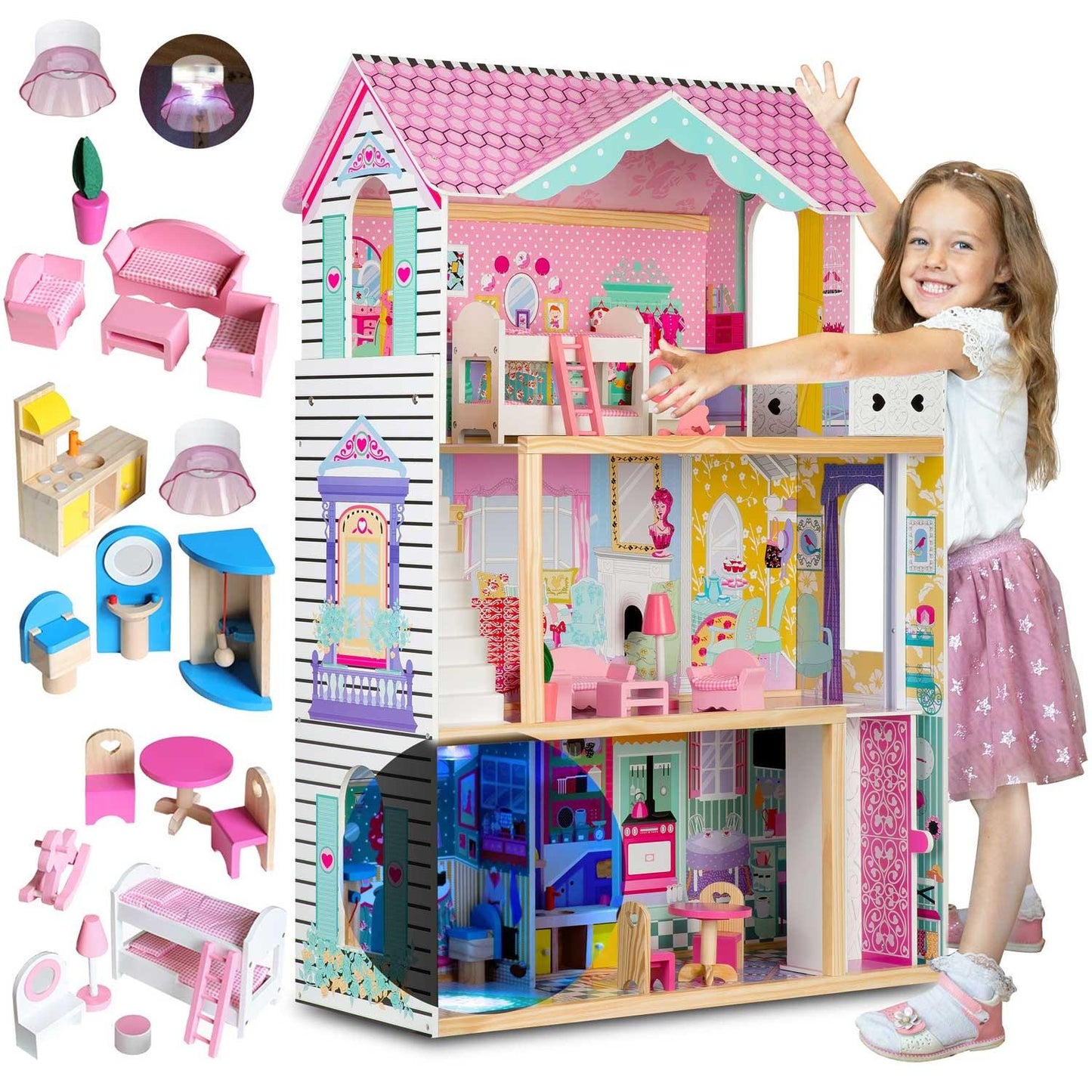A large, 3-story wooden dollhouse with an elevator and an LED lamp