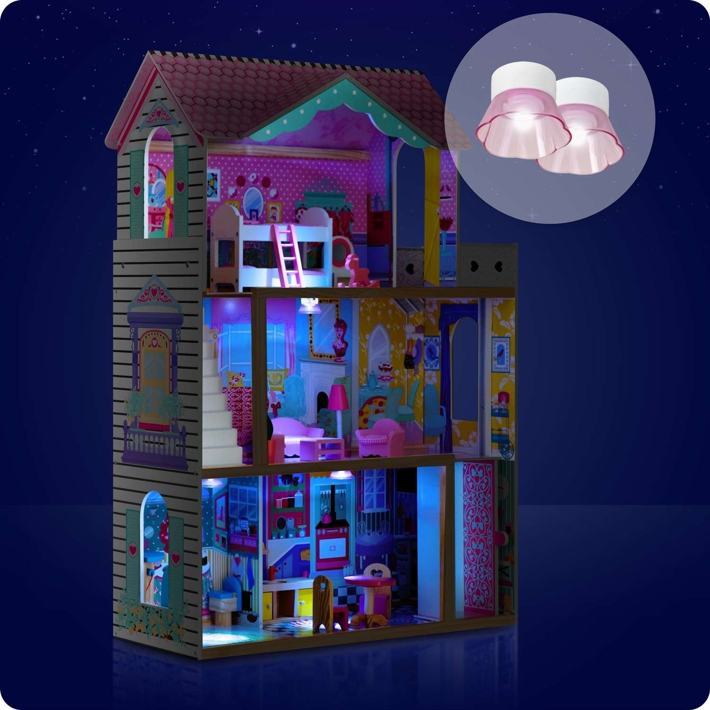 A large, 3-story wooden dollhouse with an elevator and an LED lamp