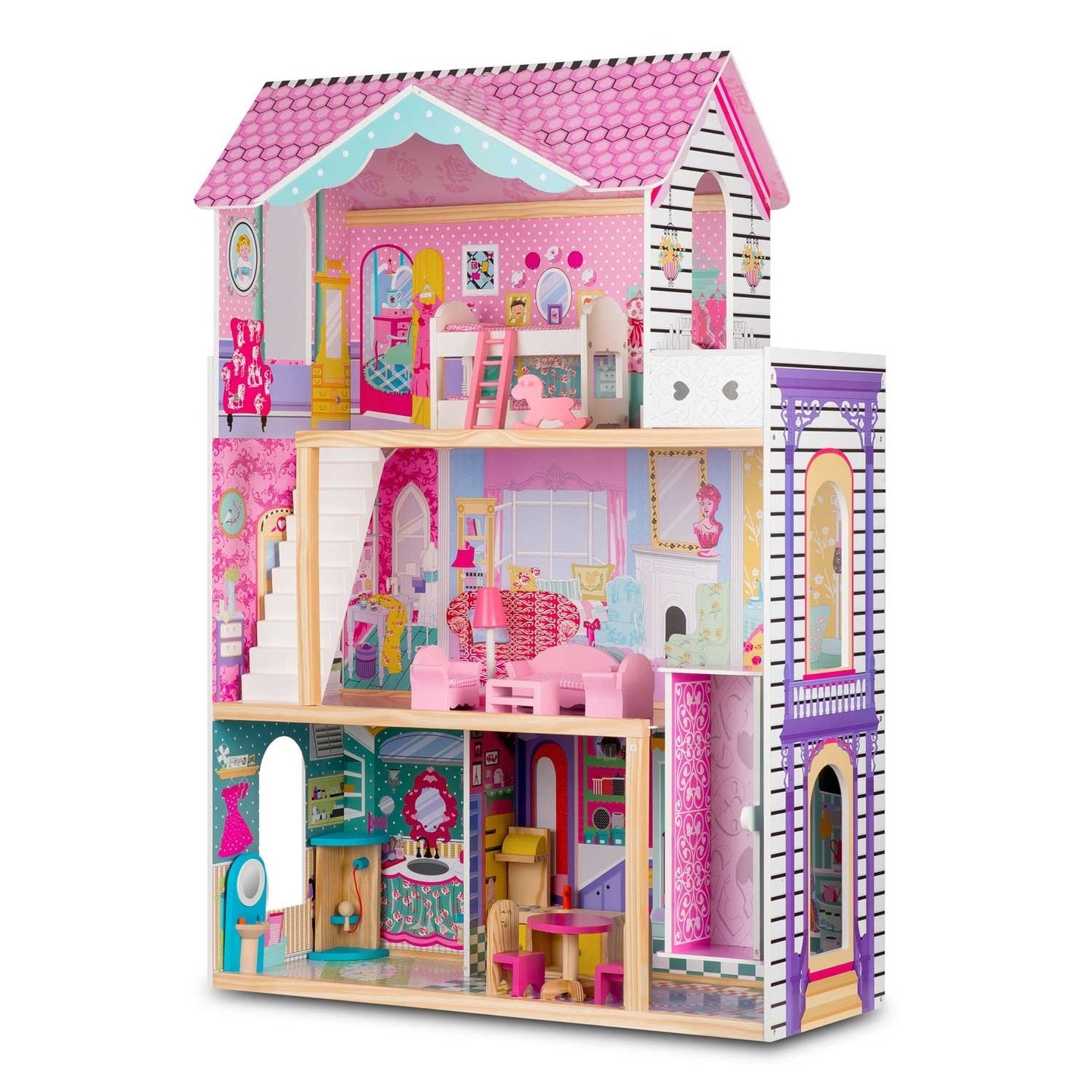 A large, 3-story wooden dollhouse with an elevator and an LED lamp