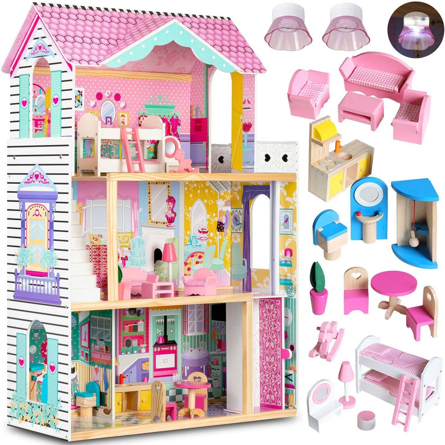 A large, 3-story wooden dollhouse with an elevator and an LED lamp