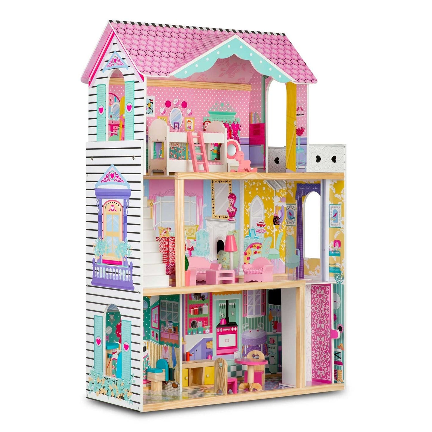 A large, 3-story wooden dollhouse with an elevator and an LED lamp