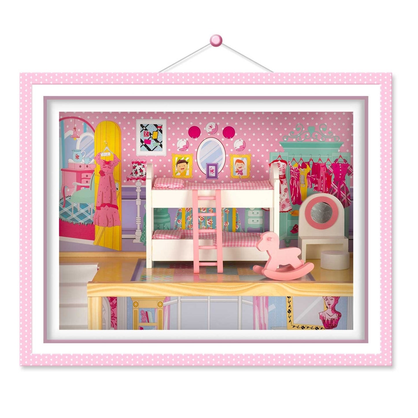 A large, 3-story wooden dollhouse with an elevator and an LED lamp