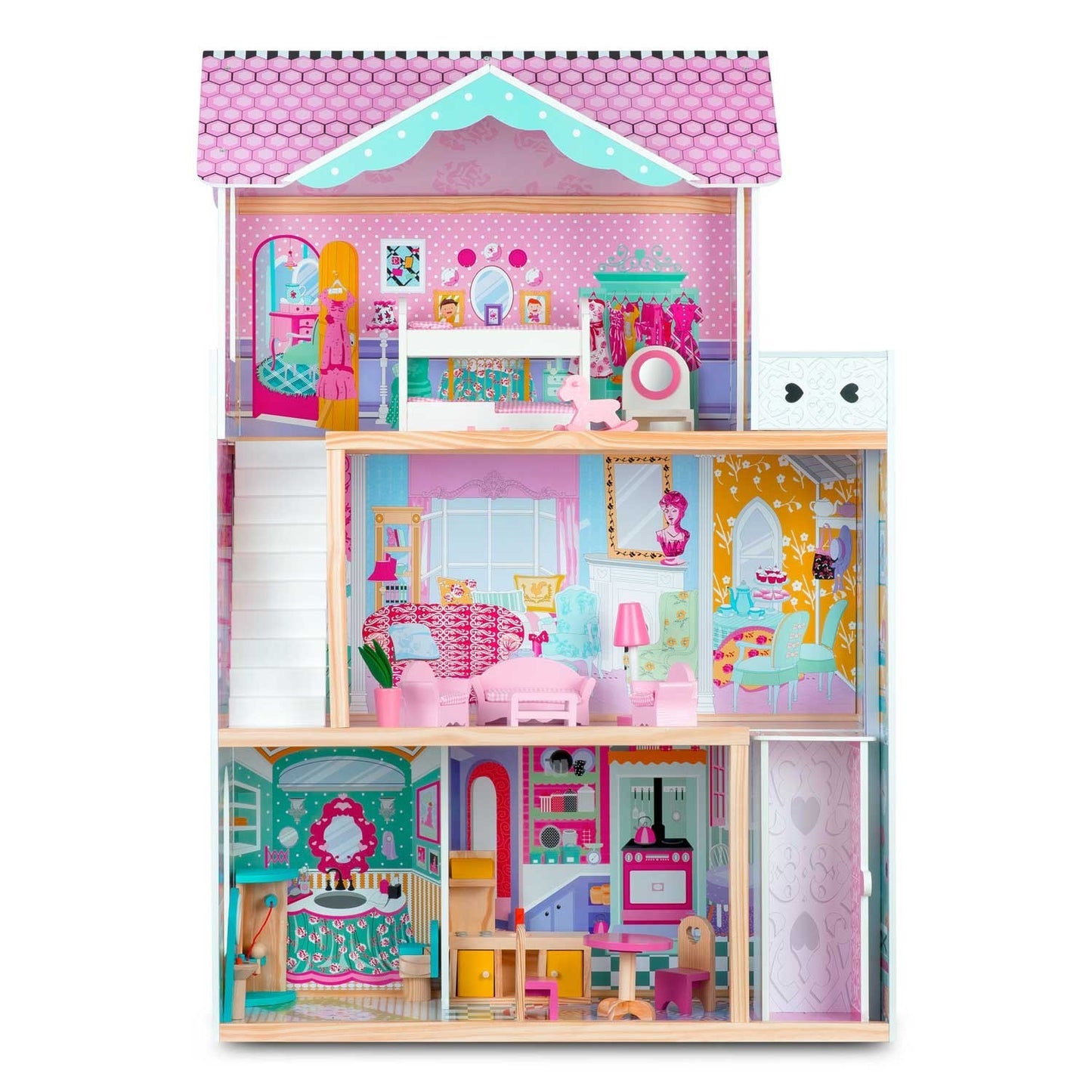 A large, 3-story wooden dollhouse with an elevator and an LED lamp