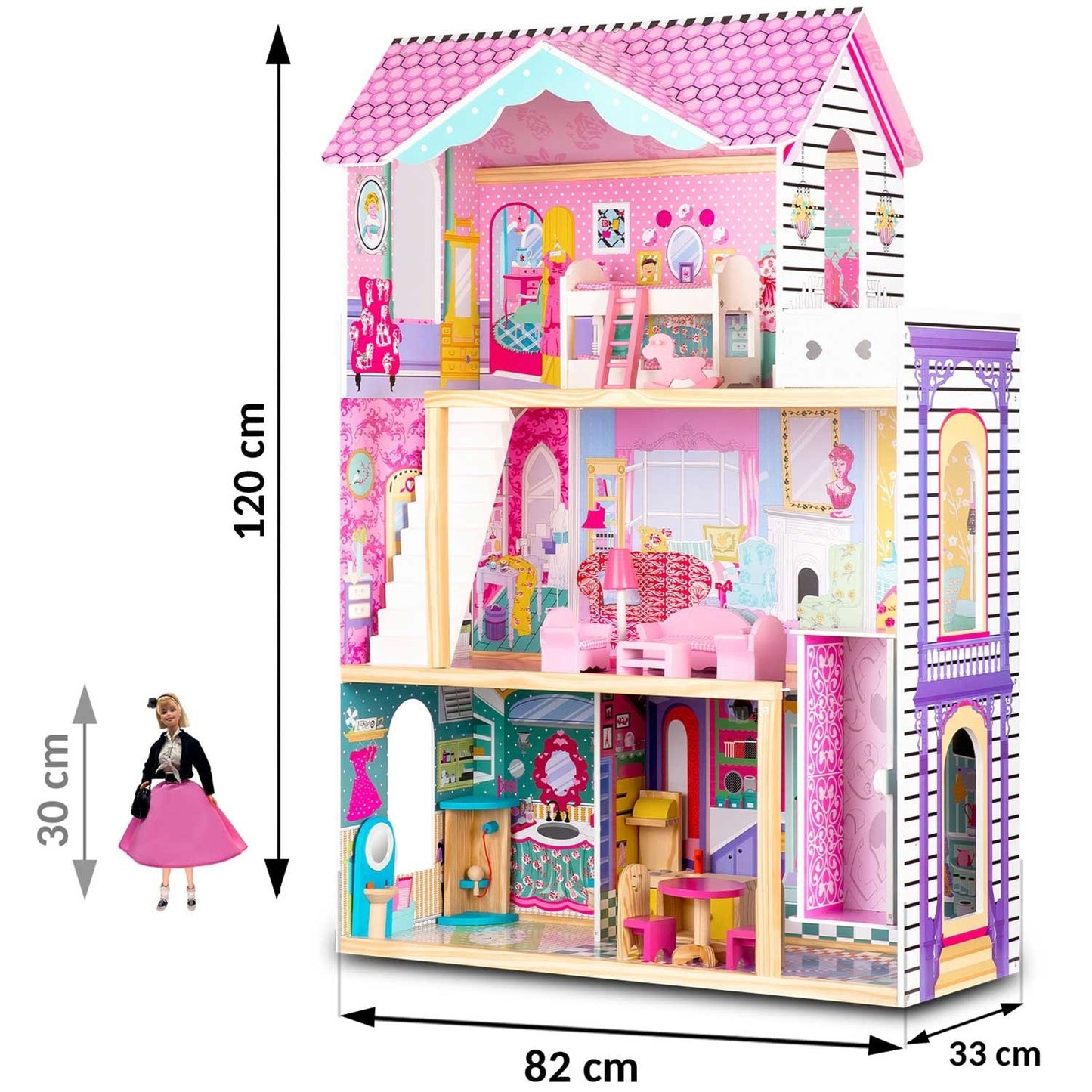 A large, 3-story wooden dollhouse with an elevator and an LED lamp
