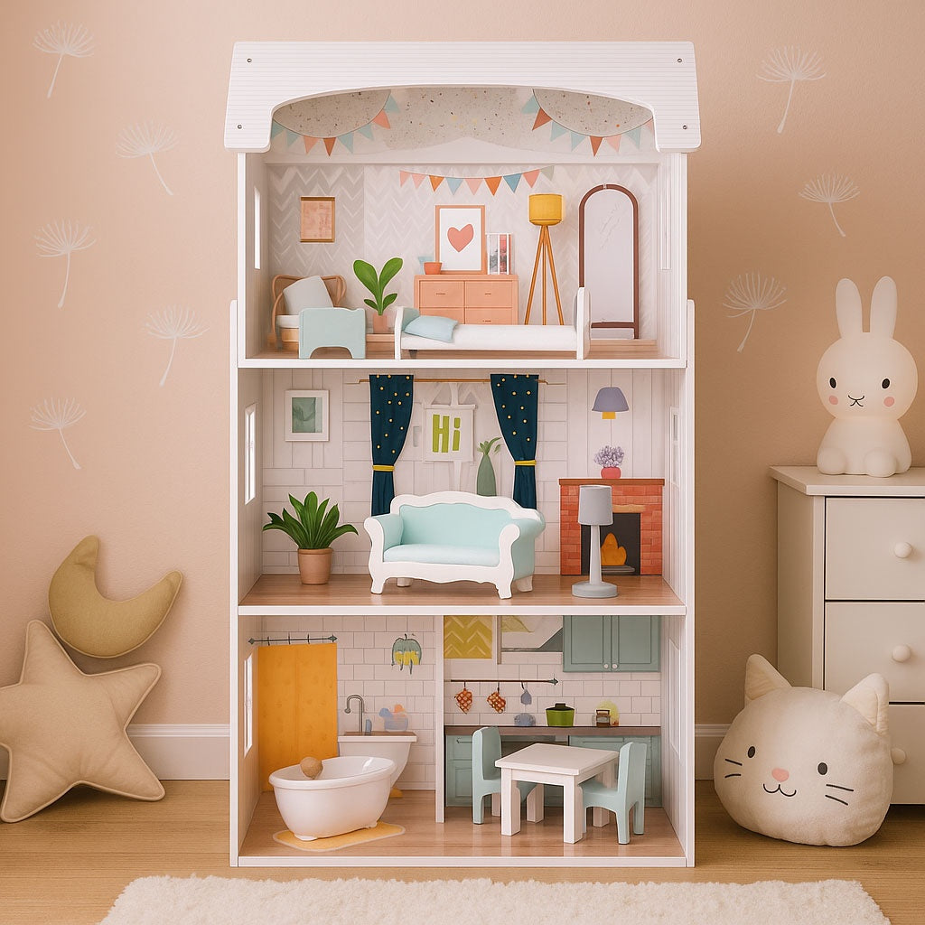 Alice Dollhouse – 3 Floors, 4 Rooms, Set with 9 Furniture Pieces ECOTOYS