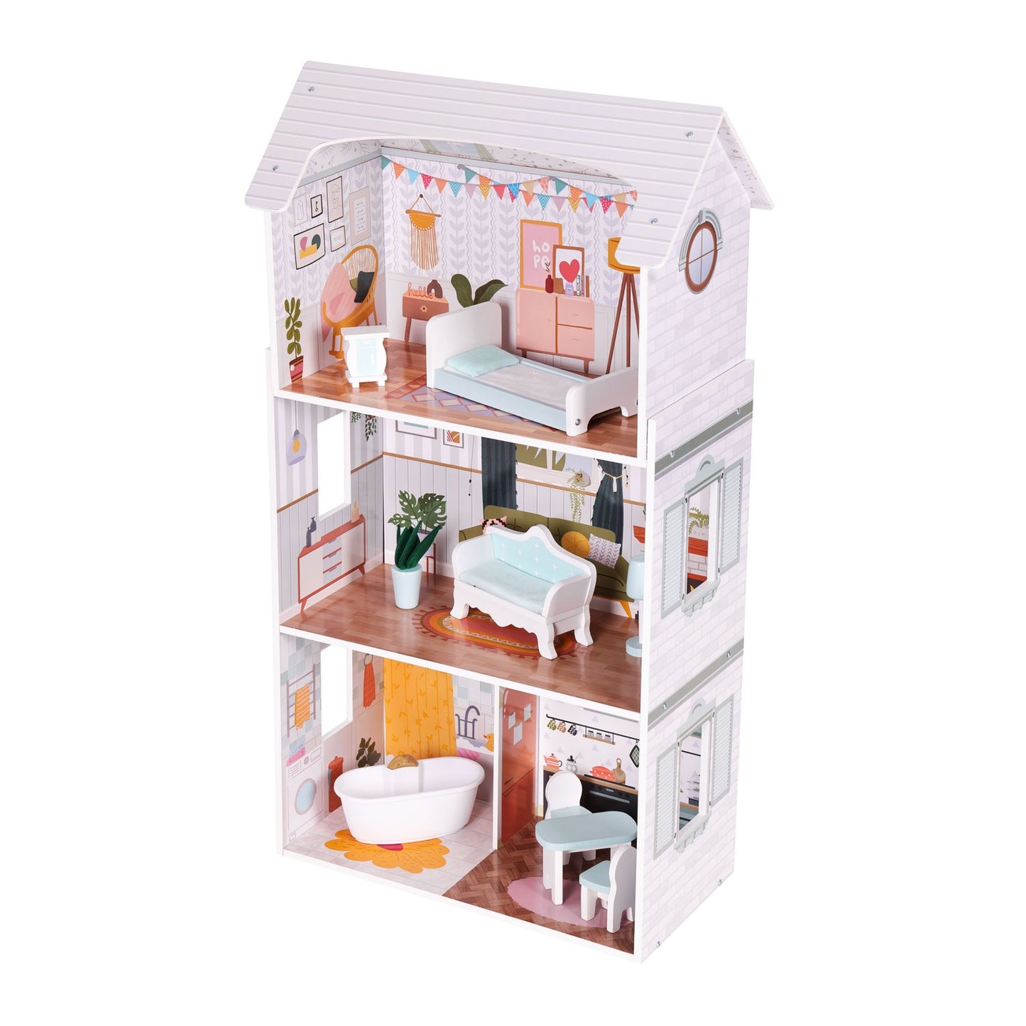 Alice Dollhouse – 3 Floors, 4 Rooms, Set with 9 Furniture Pieces ECOTOYS