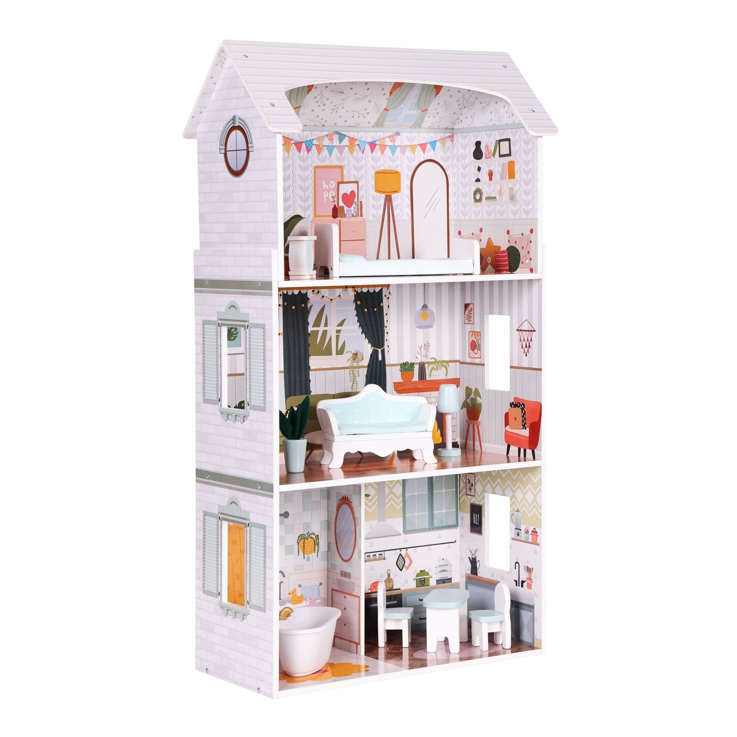 Alice Dollhouse – 3 Floors, 4 Rooms, Set with 9 Furniture Pieces ECOTOYS