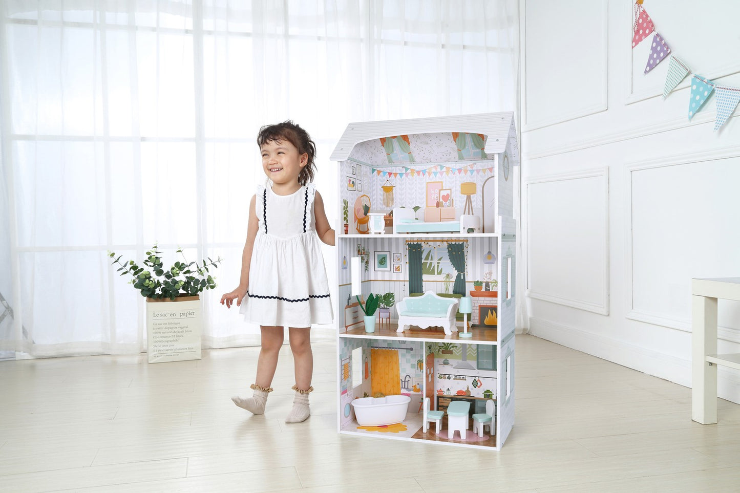 Alice Dollhouse – 3 Floors, 4 Rooms, Set with 9 Furniture Pieces ECOTOYS