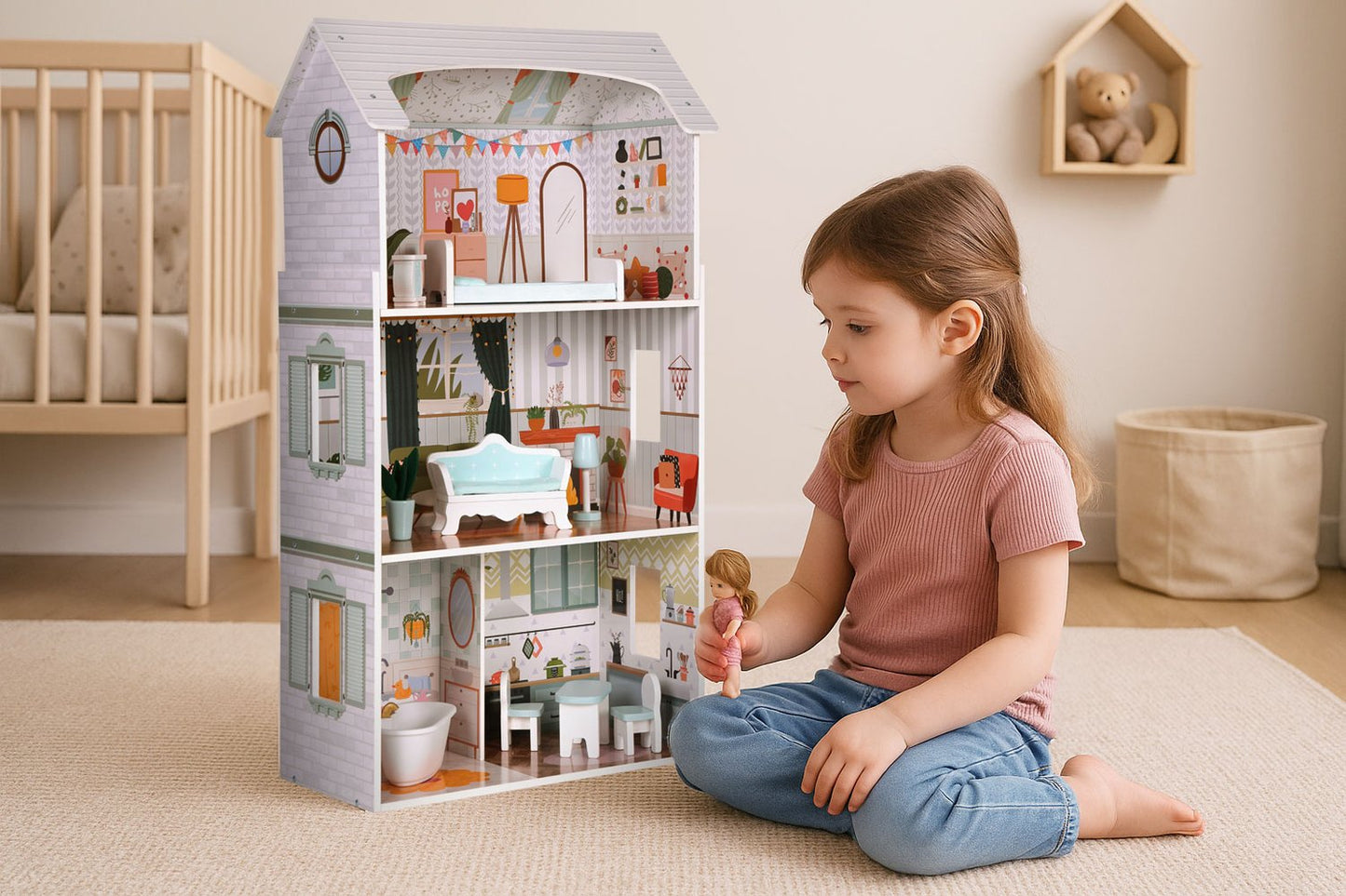 Alice Dollhouse – 3 Floors, 4 Rooms, Set with 9 Furniture Pieces ECOTOYS