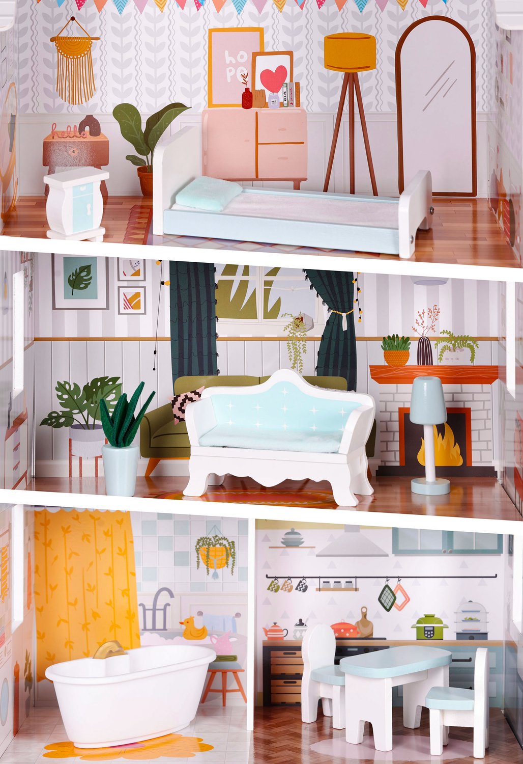 Alice Dollhouse – 3 Floors, 4 Rooms, Set with 9 Furniture Pieces ECOTOYS