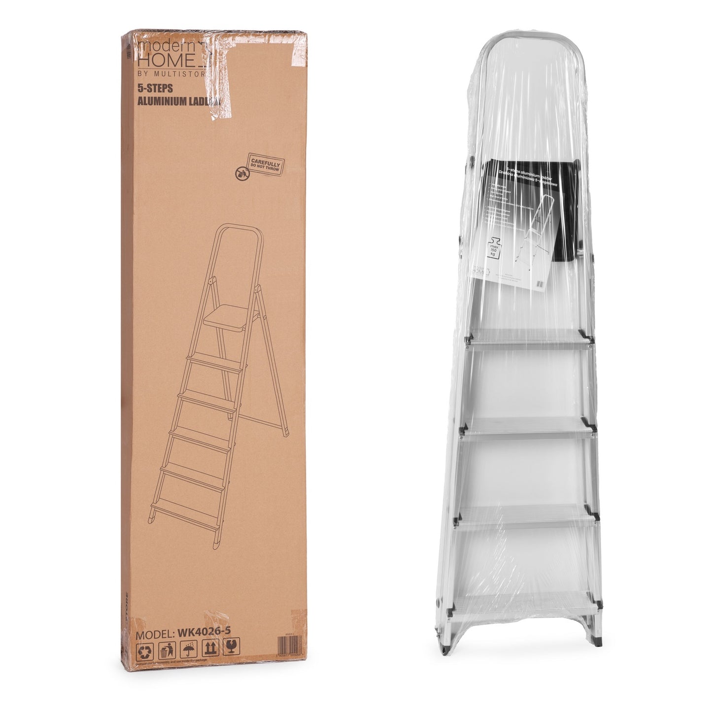 Aluminum 5-Step Ladder, Foldable with Platform, 150 kg Capacity